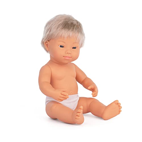Miniland Dolls: europäische Babypuppe Junge, mit Down Syndrom aus weichem Vinyl, 38 cm, in transparenter Tüte. (31233) von Miniland