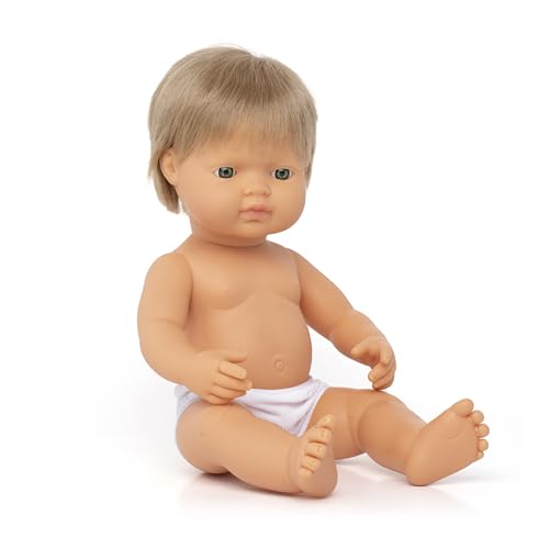 Miniland Dolls: europäische Babypuppe Junge mit dunkelblondem Haar, 38cm, aus weichem Vinyl, in transparenter Tüte. (31229) von Miniland