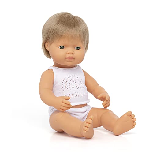 Miniland Dolls: europäische Babypuppe Junge mit dunkelblondem Haar, 38cm, aus weichem Vinyl, präsentiert mit Unterwäsche in Geschenkbox (31259), Natur von Miniland