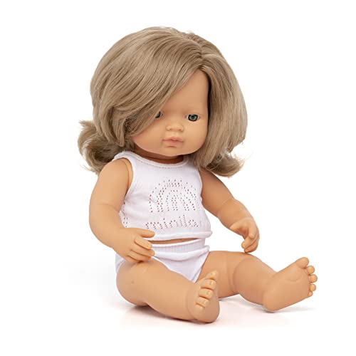 Miniland Dolls: europäische Babypuppe Mädchen mit dunkelblondem Haar, 38cm, aus weichem Vinyl, präsentiert mit Unterwäsche in Geschenkbox (31260), Natur von Miniland