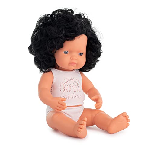 Miniland Dolls: europäische Babypuppe Mädchen mit schwarzen Locken, 38cm, aus weichem Vinyl, präsentiert mit Unterwäsche in Geschenkbox (31262), Natur von Miniland