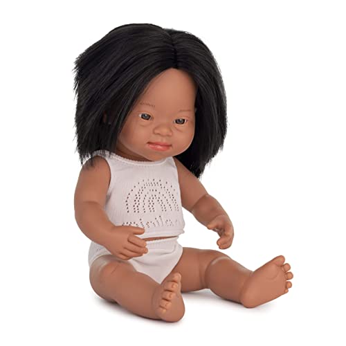 Miniland Dolls: lateinamerikanische Babypuppe Mädchen, mit Down Syndrom aus weichem Vinyl, 38 cm, präsentiert mit Unterwäsche in Geschenkbox (31268) von Miniland