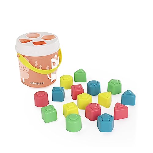 Miniland - Spieleimer mit Steckfiguren, Lachsfarben.Geschicklichkeitspiel für Kleinkinder, recycelten Materialen. Kollektion Feel to Learn von Miniland