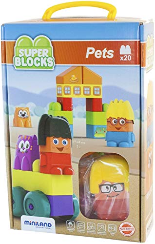 Miniland 32348 - Super Blocks Pets 12 Teile-2 Figuren 2 Tiere-Aufkleber-1 Broschüre von Miniland