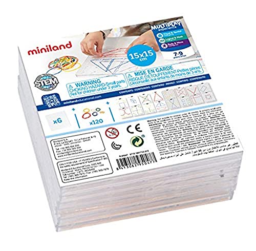 Miniland Miniland95047 Set Geometriespiel mit 6 transparenten Platten 15x15cm, 120 bunten Gummibändern und 16 Vorlagen-95047 von Miniland