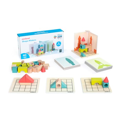 Miniland – Shape Makers | Konstruktionsspiel mit Holzteilen für Kinder ab 6 Jahren mit Spielertafeln von Miniland