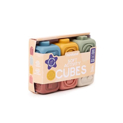Miniland Soft Activity Cubes: Sensorische Würfel aus Silikon für Babys mit Texturen, Sound und Reliefs für multisensorisches Spiel, ab 6 Monaten von Miniland
