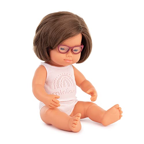 Miniland europäisches Mädchen 38cm mit Down-Syndrom, mit Brille,in Geschenkschachtel, 31111, Weiß von Miniland