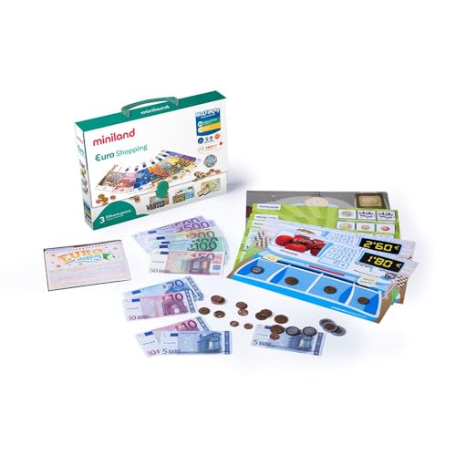 Miniland Spielgeldset Euro Shopping mit Euro-Scheinen und Münzen in Echtgröße, 14 Scheine, 24 Münzen, 18 Spielkarten, Anleitung-45308 von Miniland