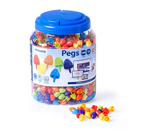 Miniland Mosaikstecker Pegs 15 mm, 1300 Stück, leuchtende Farben-31848, Merhfarbig von Miniland