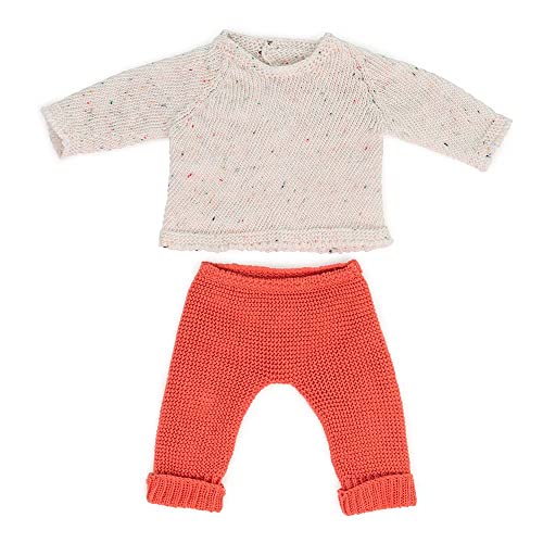 Strick-Kleiderset für Miniland Dolls, aus recyceltem Material, für 38cm Puppen. Modell: Pullover und Hose, weiß und korallfarben von Miniland