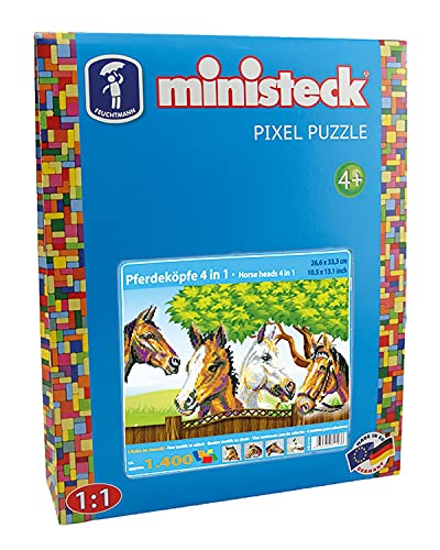 Ministeck 31703 - Mosaikbild Pferdeköpfe 4 in 1, Steckplatte, ca. 1400 Steine und Zubehör, als Geschenk für kreatives Spielen von Ministeck