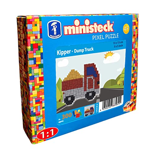 Ministeck 36582 - Mosaikbild Kipper, ca. 13 x 13 cm große Steckplatte mit ca. 300 bunten Steinen, Steckspaß für Kinder ab 4 Jahren von Ministeck
