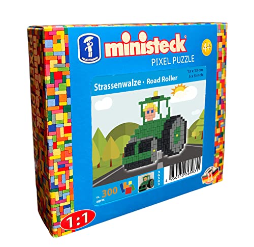 Ministeck 36583 - Mosaikbild Straßenwalze, ca. 13 x 13 cm große Steckplatte mit ca. 300 bunten Steinen, Steckspaß für Kinder ab 4 Jahren von Ministeck