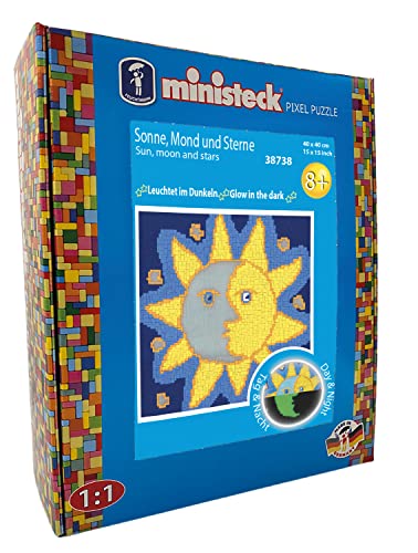Ministeck 38738 - Mosaikbild Glow in the Dark Sonne, Mond & Sterne, ca. 40 x 40 cm große Steckplatte mit ca. 3.600 bunten Steinen, Steckspaß für Kinder ab 8 Jahren von Ministeck