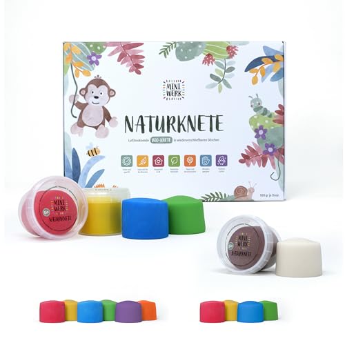 Miniwerk Knete Set Kinder, Geschenk Mädchen & Jungen 4 5 Jahre – Knete ab 2 Jahre ungiftig und vegan – Schultüte Füllung & Kindergeburtstag (Rot, Blau, Grün, Gelb, Braun, Weiß) von Miniwerk