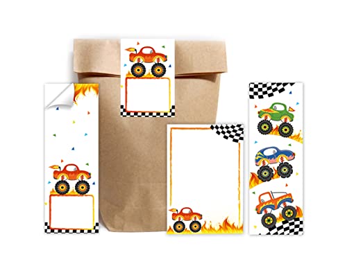 10 Lesezeichen + 10 Notizblöcke + 10 Geschenktüten (Natur) + 10 Aufkleber Monster-Truck Mitgebselset Gastgeschenke für Kindergeburtstag Jungsgeburtstag von Minkocards
