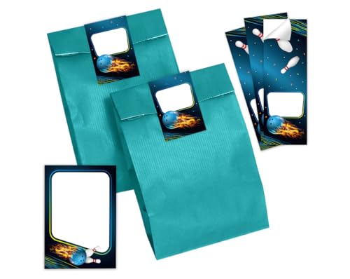10 Mini-Notizblöcke + 10 Geschenktüten (Petrol) + 10 Aufkleber Bowlling Kegeln Bowling-Party Mitgebselset Gastgeschenke für Kindergeburtstag Mädchengeburtstag Jungsgeburtstag von Minkocards