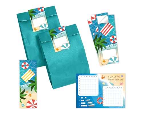 10 Schiffe versenken + 10 Lesezeichen + 10 Geschenktüten (petrol) + 10 Aufkleber Schwimmbad Pool-Party Mitgebsel für Mädchen Jungen Gastgeschenke Kindergeburtstag Jungengeburtstag Mädchengeburtstag von Minkocards