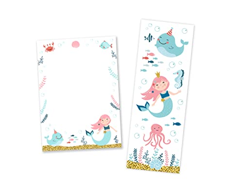 12 Lesezeichen + 12 Mini-Notizblöcke (A7-Format) Meerjungfrau Mitgebsel für Kindergeburtstag Gastgeschenke für Kinder Mädchengeburtstag von Minkocards