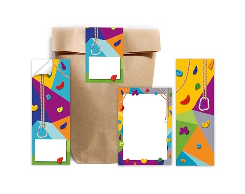 12 Lesezeichen + 12 Notizblöcke + 12 Geschenktüten (natur) + 12 Aufkleber Klettern Bouldern Mitgebsel für Mädchen Jungen Gastgeschenke für Kindergeburtstag Mädchengeburtstag Jungengeburtstag von Minkocards