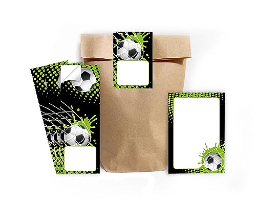 12 Mini-Notizblöcke + 12 Geschenktüten (Natur) + 12 Aufkleber Fussball Fußball Mitgebselset Gastgeschenke für Kindergeburtstag Jungsgeburtstag Jungen von Minkocards