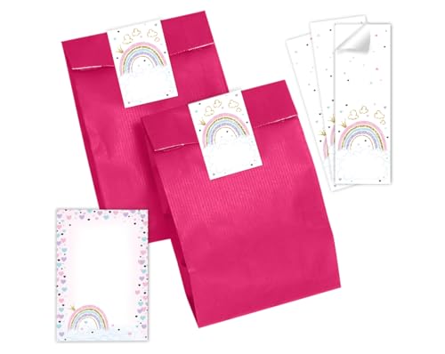 12 Mini-Notizblöcke + 12 Geschenktüten (pink) + 12 Aufkleber Regenbogen Mitgebsel Mädchen Gastgeschenke für Kindergeburtstag Mädchengeburtstag von Minkocards