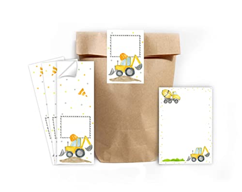 6 Mini-Notizblöcke + 6 Geschenktüten (Natur) + 6 Aufkleber Baustelle Bagger Mitgebselset Gastgeschenke für Kindergeburtstag Jungsgeburtstag von Minkocards
