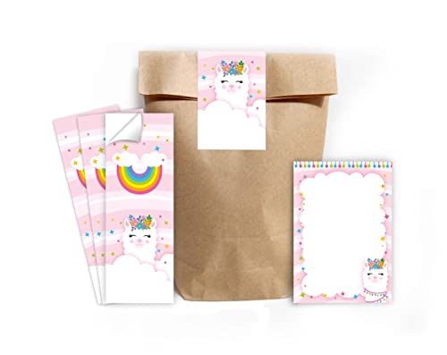 6 Mini-Notizblöcke + 6 Geschenktüten (Natur) + 6 Aufkleber Lama Mitgebselset Gastgeschenke für Kindergeburtstag Mädchengeburtstag von Minkocards