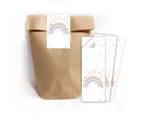 Minkocards 10 Geschenktüten (Natur) + 10 Aufkleber Regenbogen Geschenktüten für Mitgebsel Mädchen Gastgeschenk einpacken beim Kindergeburtstag von Minkocards
