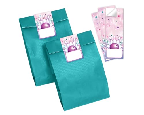 Minkocards 10 Geschenktüten (Petrol) + 10 Aufkleber Bowling Kegeln Geschenktüten für Mitgebsel Gastgeschenk einpacken beim Kindergeburtstag Mädchen Mädchengeburtstag von Minkocards