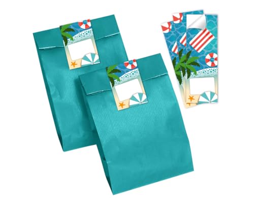 Minkocards 10 Geschenktüten (Petrol) + 10 Aufkleber Schwimmbad Pool-Party Geschenktüten für Mitgebsel Mädchen Jungen Gastgeschenk einpacken beim Kindergeburtstag Jungengeburtstag Mädchengeburtstag von Minkocards