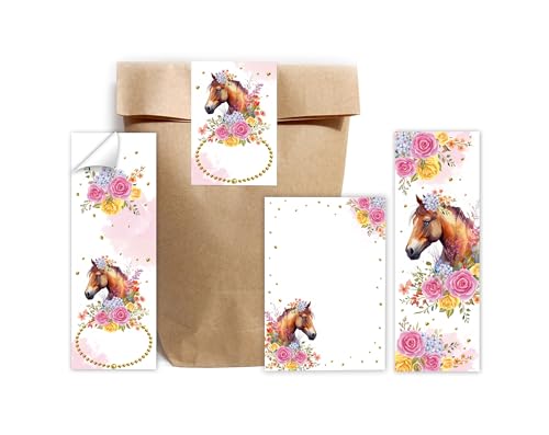 Minkocards 10 Lesezeichen + 10 Notizblöcke + 10 Geschenktüten (Natur) + 10 Aufkleber Pferd Mitgebselset Gastgeschenke für Kindergeburtstag Mädchengeburtstag von Minkocards