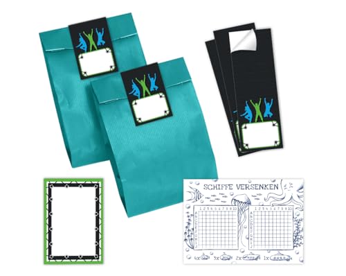 Minkocards 10 Schiffe versenken + 10 Blöcke + 10 Geschenktüten (Petrol) + 10 Aufkleber Jump Mitgebsel für Mädchen Jungen Gastgeschenke für Kindergeburtstag von Minkocards