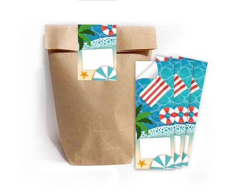 Minkocards 12 Geschenktüten (Natur) + 12 Aufkleber Schwimmbad Pool-Party Geschenktüten für Mitgebsel Mädchen Jungen Gastgeschenk einpacken beim Kindergeburtstag Jungengeburtstag Mädchengeburtstag von Minkocards
