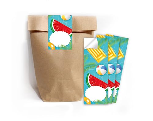 Minkocards 12 Geschenktüten (Natur) + 12 Aufkleber Schwimmbad Pool-Party Geschenktüten für Mitgebsel Mädchen Jungen Gastgeschenk einpacken beim Kindergeburtstag Mädchengeburtstag Jungengeburtstag von Minkocards