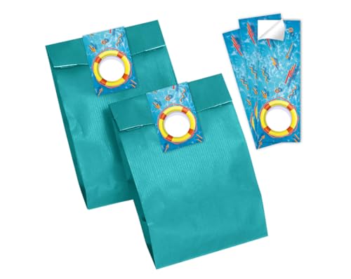 Minkocards 12 Geschenktüten (Petrol) + 12 Aufkleber Pool-Party Schwimmbad Geschenktüten für Mitgebsel Mädchen Jungen Gastgeschenk einpacken beim Kindergeburtstag Mädchengeburtstag Jungengeburtstag von Minkocards