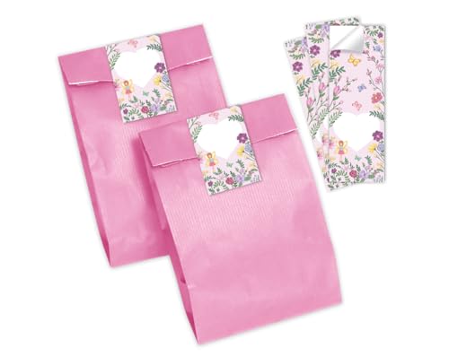 Minkocards 12 Geschenktüten (rosa) + 12 Aufkleber Feen Prinzessin Geschenktüten für Mitgebsel Gastgeschenk einpacken beim Kindergeburtstag Mädchengeburtstag von Minkocards