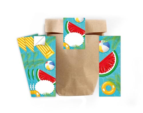 Minkocards 12 Lesezeichen + 12 Geschenktüten (Natur) + 12 Aufkleber Schwimmbad Pool-Party Mitgebsel Mädchen Jungen Gastgeschenke für Kindergeburtstag Mädchengeburtstag Jungengeburtstag von Minkocards