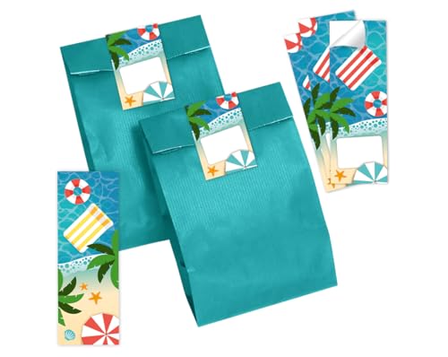 Minkocards 12 Lesezeichen + 12 Geschenktüten (Petrol) + 12 Aufkleber Schwimmbad Pool-Party Mitgebsel Mädchen Jungen Gastgeschenke für Kindergeburtstag Jungengeburtstag Mädchengeburtstag von Minkocards