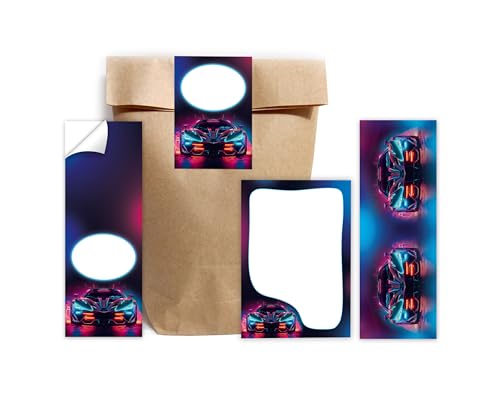 Minkocards 12 Lesezeichen + 12 Notizblöcke + 12 Geschenktüten (Natur) + 12 Aufkleber Rennwagen Auto Mitgebselset Gastgeschenke für Kindergeburtstag Jungsgeburtstag von Minkocards