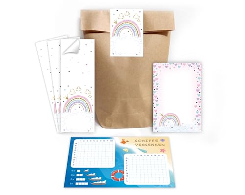 Minkocards 12 Schiffe versenken + 12 Blöcke + 12 Geschenktüten (Natur) + 12 Aufkleber Regenbogen Mitgebsel für Mädchen Gastgeschenke für Kindergeburtstag von Minkocards