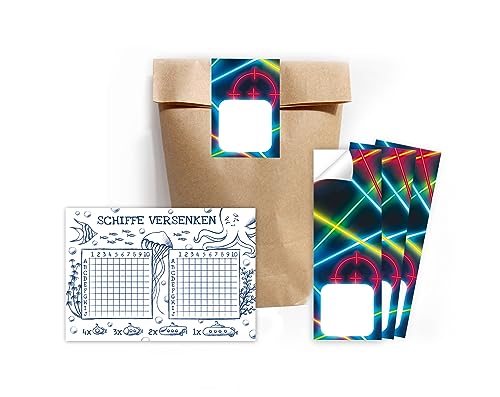 Minkocards 12 Schiffe versenken + 12 Geschenktüten (Natur) + 12 Aufkleber Lasertag Laser Tag Mitgebselset Gastgeschenke für Kindergeburtstag Jungsgeburtstag Mädchengeburtstag von Minkocards