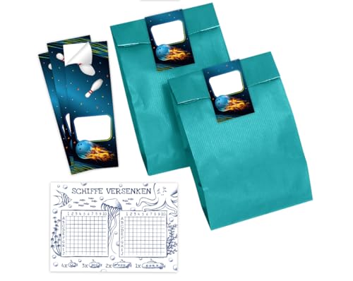 Minkocards 12 Schiffe versenken + 12 Geschenktüten (Petrol) + 12 Aufkleber Bowlling Kegeln Bowling-Party Mitgebselset Gastgeschenke für Kindergeburtstag Mädchengeburtstag Jungsgeburtstag von Minkocards
