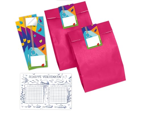 Minkocards 12 Schiffe versenken + 12 Geschenktüten (pink) + 12 Aufkleber Klettern Bouldern Mitgebsel für Mädchen Jungen Gastgeschenke für Kindergeburtstag Mädchengeburtstag Jungengeburtstag von Minkocards