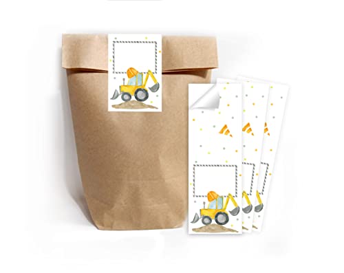 Minkocards 6 Geschenktüten (Natur) + 6 Aufkleber Baustelle Geschenktüten für Mitgebsel Gastgeschenk einpacken beim Kindergeburtstag Jungensgeburtstag von Minkocards