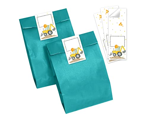 Minkocards 6 Geschenktüten (Petrol) + 6 Aufkleber Baustelle Geschenktüten für Mitgebsel Gastgeschenk einpacken beim Kindergeburtstag Jungensgeburtstag von Minkocards