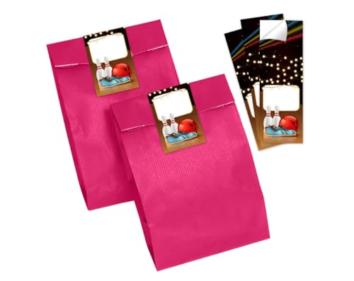 Minkocards 6 Geschenktüten (pink) + 6 Aufkleber Bowlling Kegeln Bowling-Party Geschenktüten für Mitgebsel Gastgeschenk einpacken beim Kindergeburtstag Jungsgeburtstag Mädchengeburtstag von Minkocards