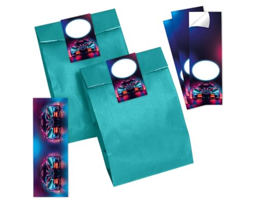 Minkocards 6 Lesezeichen + 6 Geschenktüten (Petrol) + 6 Aufkleber Rennwagen Auto Mitgebselset Gastgeschenke für Kindergeburtstag Jungsgeburtstag von Minkocards