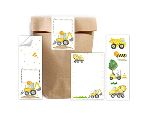 Minkocards 6 Lesezeichen + 6 Notizblöcke + 6 Geschenktüten (Natur) + 6 Aufkleber Baustelle Bagger Mitgebselset Gastgeschenke für Kindergeburtstag Jungsgeburtstag von Minkocards